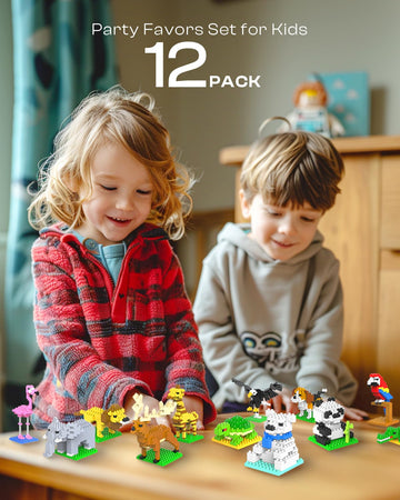 Kimiangel Party Favors For Kids, 12 Pack Mini Animals Building Blocks Sets For Goodie Bags, Prize Box Toys For Kids, Fillers, Prizes, Christmas Birthday Gifts Stem Educational Brick Kits(1222 Pcs)