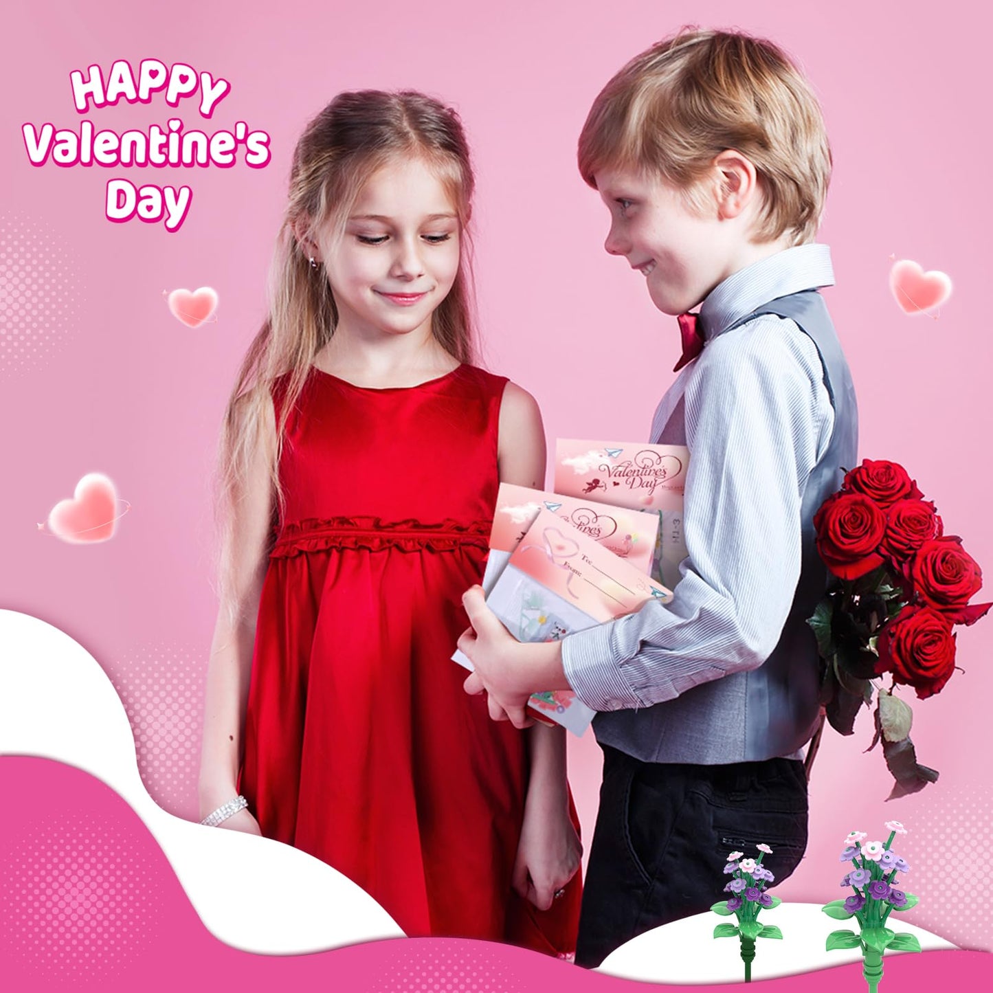 Uiseba Valentines Day Gifts For Kids Classroom/School,24Pcs Building Blocks Flower Kits And Valentines Cards,Toys For 3+ Years O