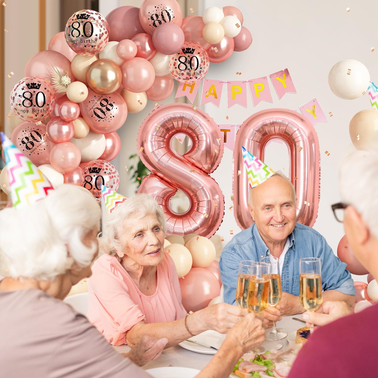 80Th Birthday Decorations For Women,Rose Gold 80Th Birthday Balloon Arch Garland Kit With Happy 80Th Birthday Number 80 Foil Bal