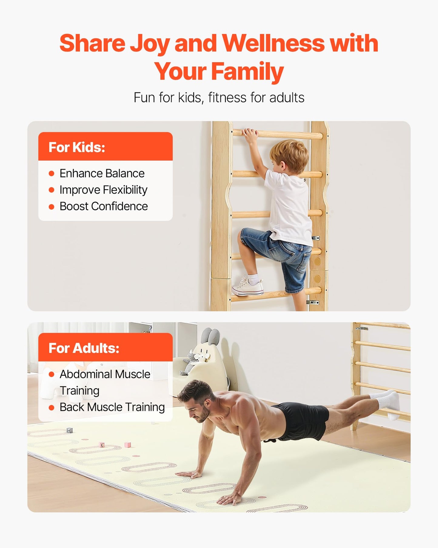 VEVOR Swedish Ladder Wall Gym, 2-in-1 10-Level Indoor Jungle Gym, 220LBS Loading Solid Wood Gymnastic Stall Bars for Kids & Adul