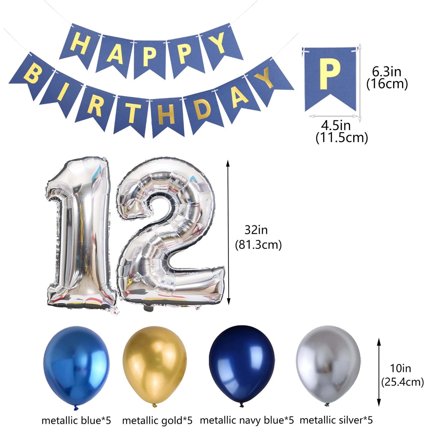 12Th Birthday Party Decoration For Boys, Birthday Banner Blue Number 12 Birthday Balloons Metallic Silver Blue Gold Latex Balloo