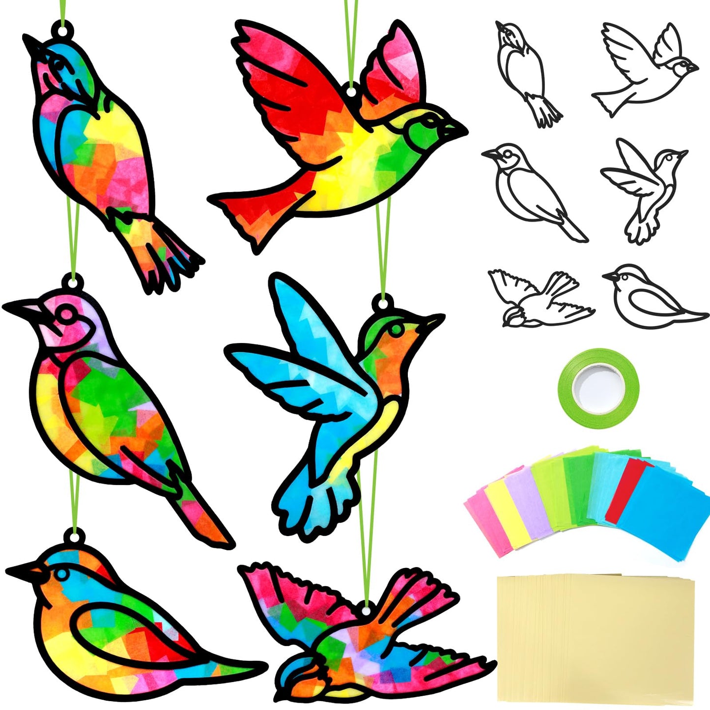 Qyeahkj 36 Set Bird Suncatchers Crafts for Kids DIY Bird Window Tissue Paper Craft Kit Animal Hanging Decor for Summer School Ho