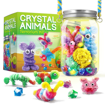 Xxtoys Crystal Growing Terrarium Kit - Crafts For Girls Ages 8-12- Create 12 Animals Science Kit For Kids - Light-Up Crystal Lan