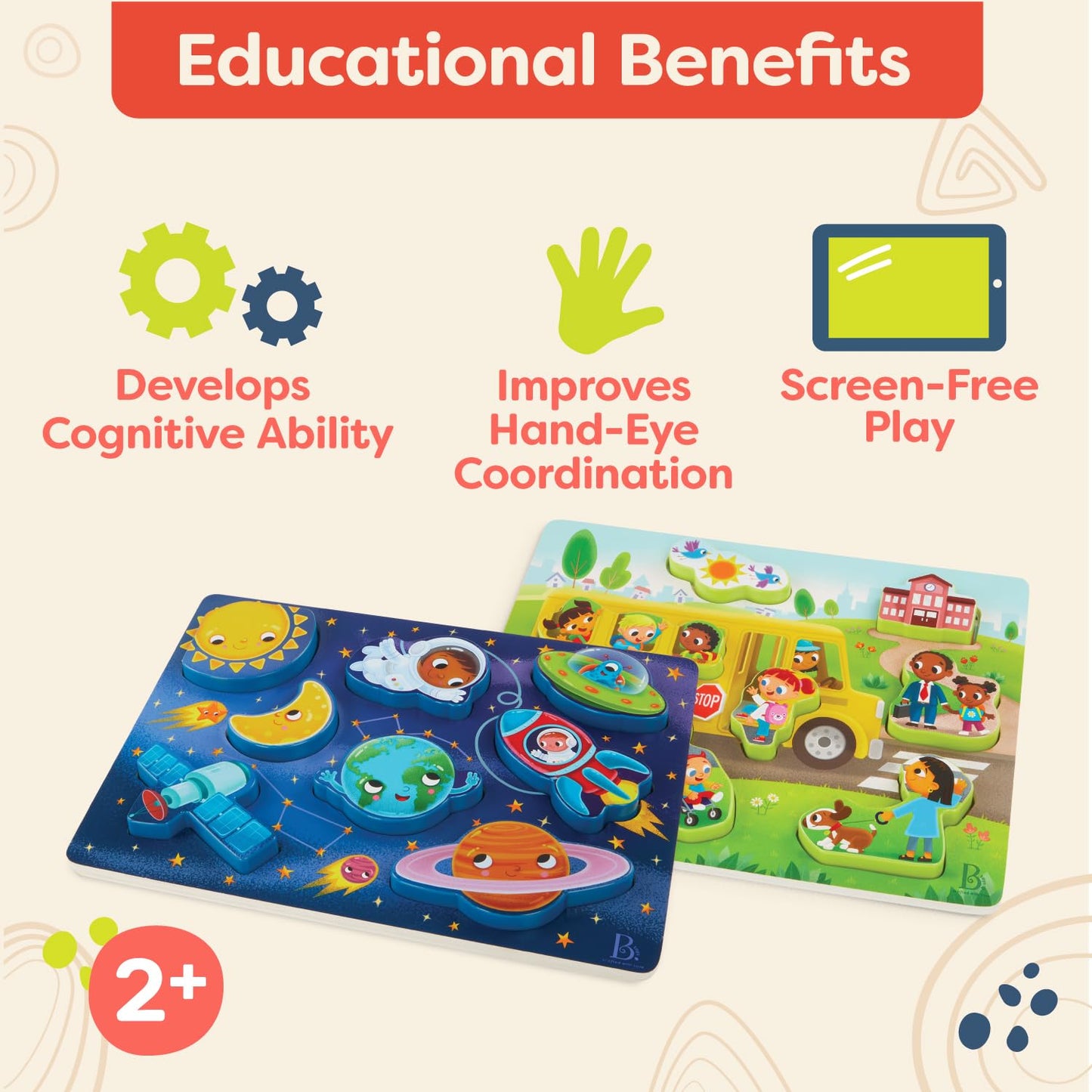 B. Toys- Peek & Explore 2-Pack - Outer Space & School Bus- Chunky Puzzle Pack – Puzzles For Toddlers, Kids- 8 Pieces Each – 2 Years +
