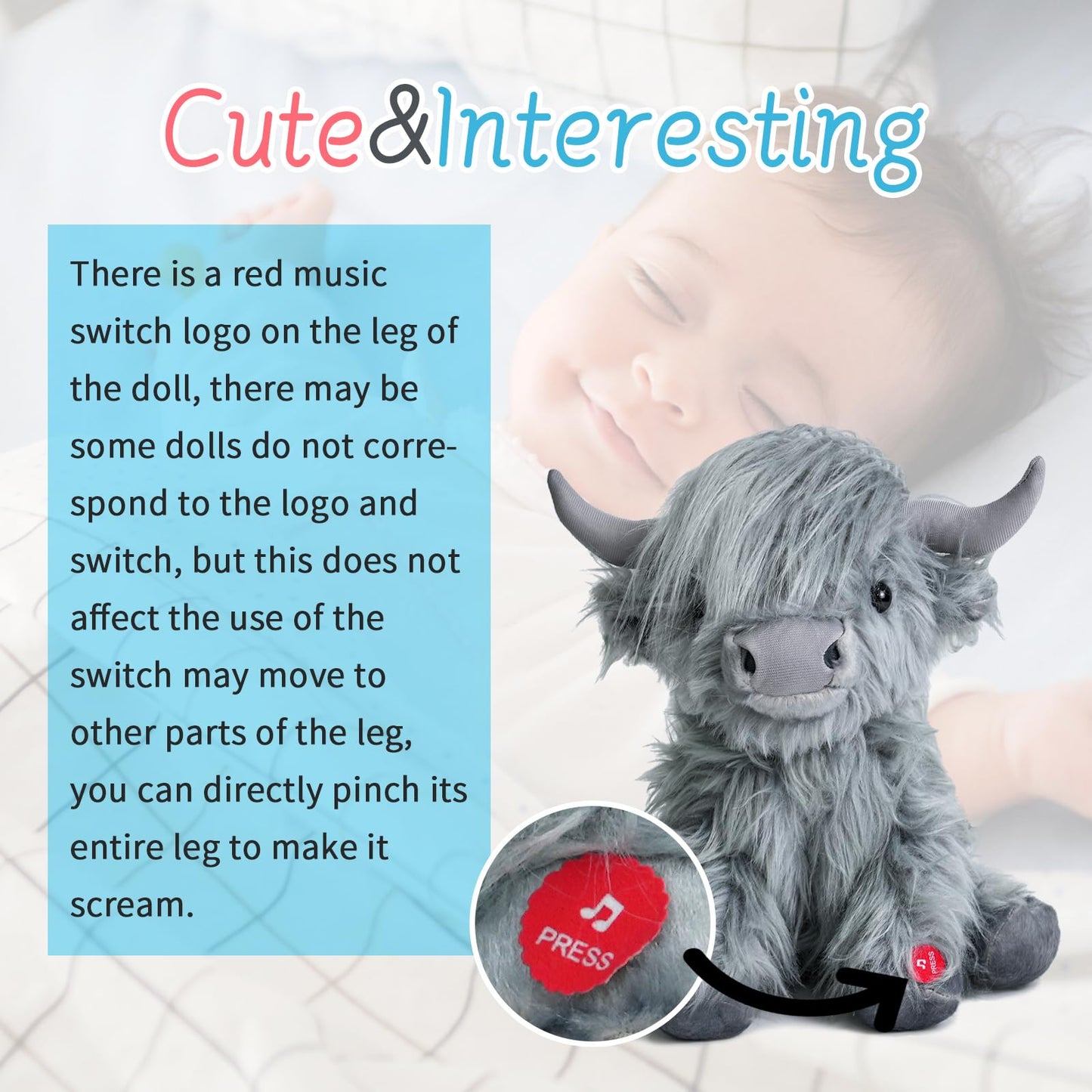 Tonpect Highland Cow Plush Toy - Mooing Sound, 10 inch, Grey Cotton, Model Toys105, Cuddly Farm Gift for Boys and Girls
