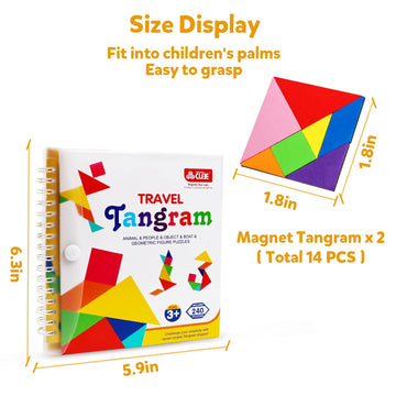 Travel Tangram Puzzle Magnetic Puzzle Book Game Road Trip Game Jigsaw Shapes Dissection STEM Games with Solution IQ Educational Toy for Kid mature-themed Challenge Brain Teasers 240 Patterns(2Pcs Tangrams)
