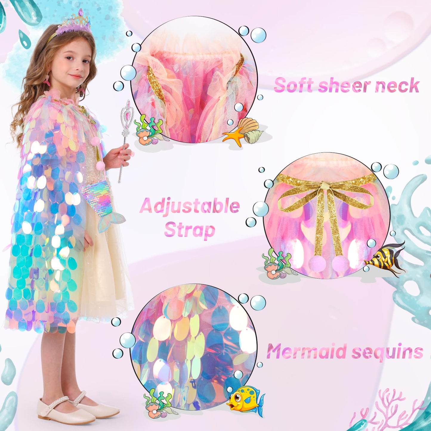 LIMIROLER Princess Dress Up Toys Set - 9 Pcs Rainbow Mermaid Cape Kit for Girls 3-8 Years, Polyester, Great Gift for Birthdays & Holidays
