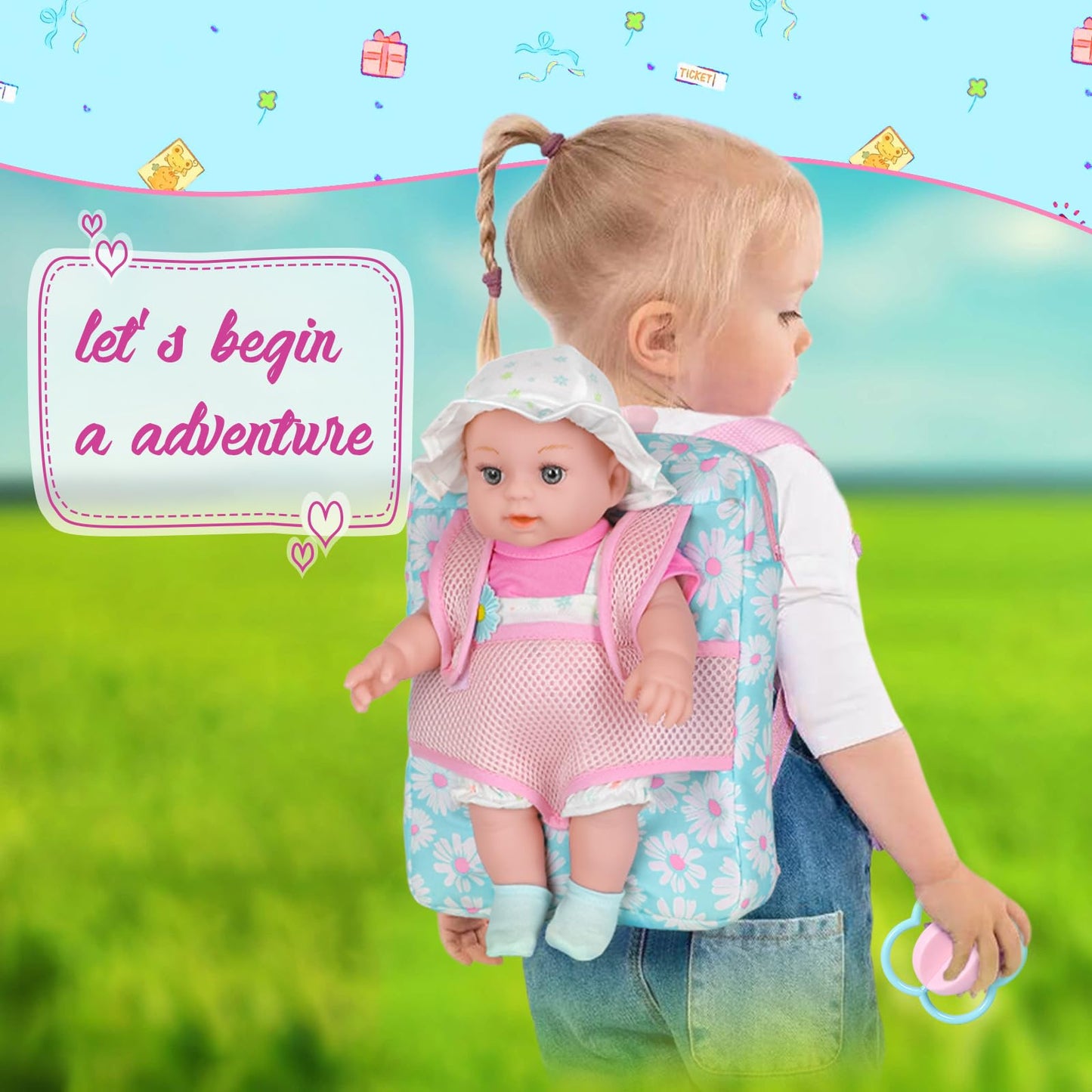 12'' Girls Baby Doll Daisy Theme Backpack Carrier Playset,12 Inch Reborn Baby Dolls With Accessories And Clothes Set Toy Stuffs