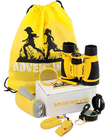 Adventure Kidz Outdoor Exploration Kit, Yellow Backpack, Binoculars, Magnifying Glass, Lensatic Compass, Fox Whistle For Boys And Girls