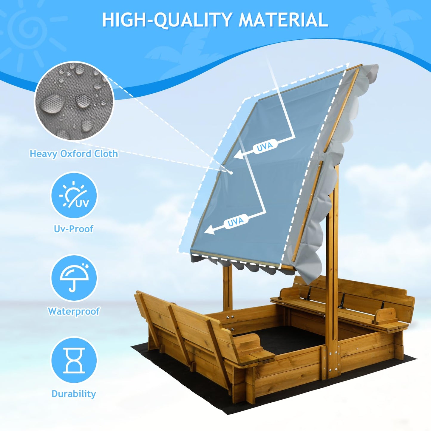 Kids Sandbox With Lid, Wooden Sand Box With Cover Outdoor, Uv-Protection & Natural Wood, Foldable Bench Seat, Adjustable Canopy,
