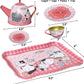 Kiddie Play Tea Set For Little Girls, Pretend Play Tea Party Set, Cat Design Kids Tin Tea Set With Carrying Case (15 Pcs)