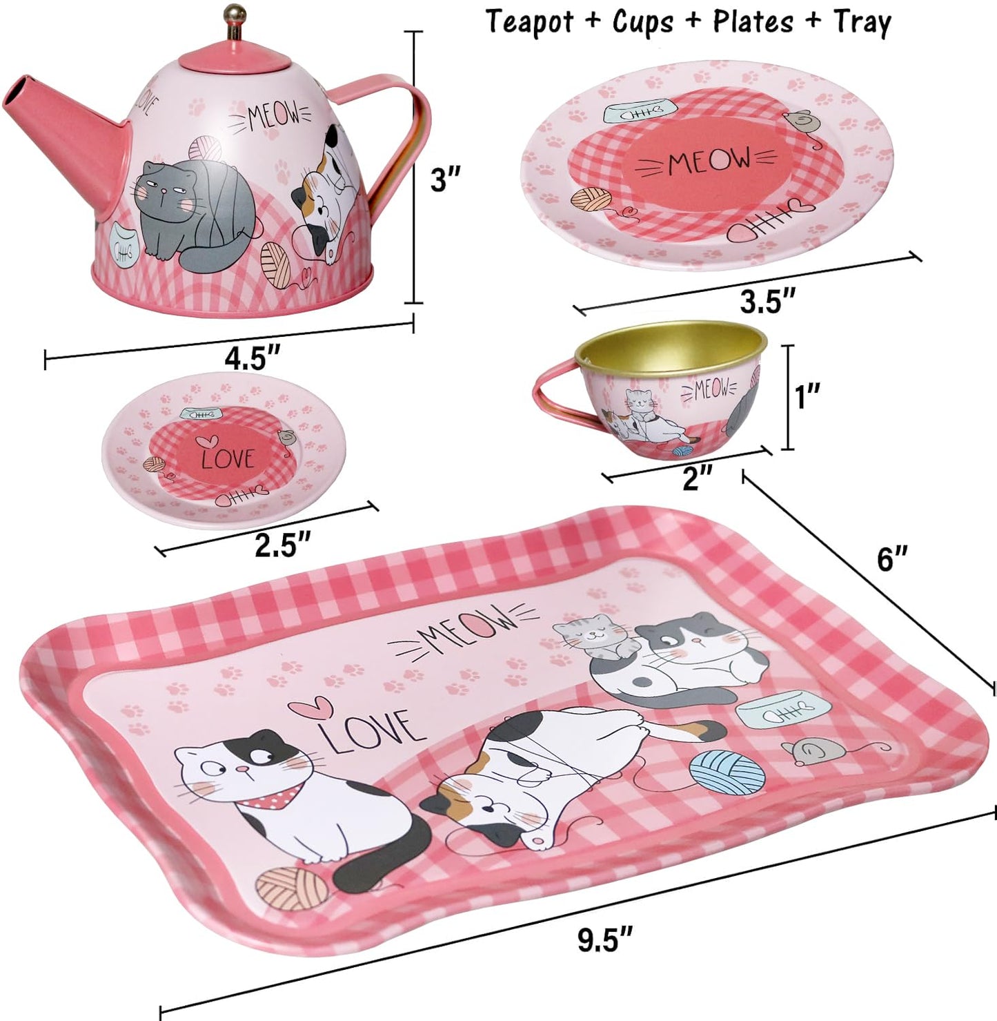 Kiddie Play Tea Set For Little Girls, Pretend Play Tea Party Set, Cat Design Kids Tin Tea Set With Carrying Case (15 Pcs)