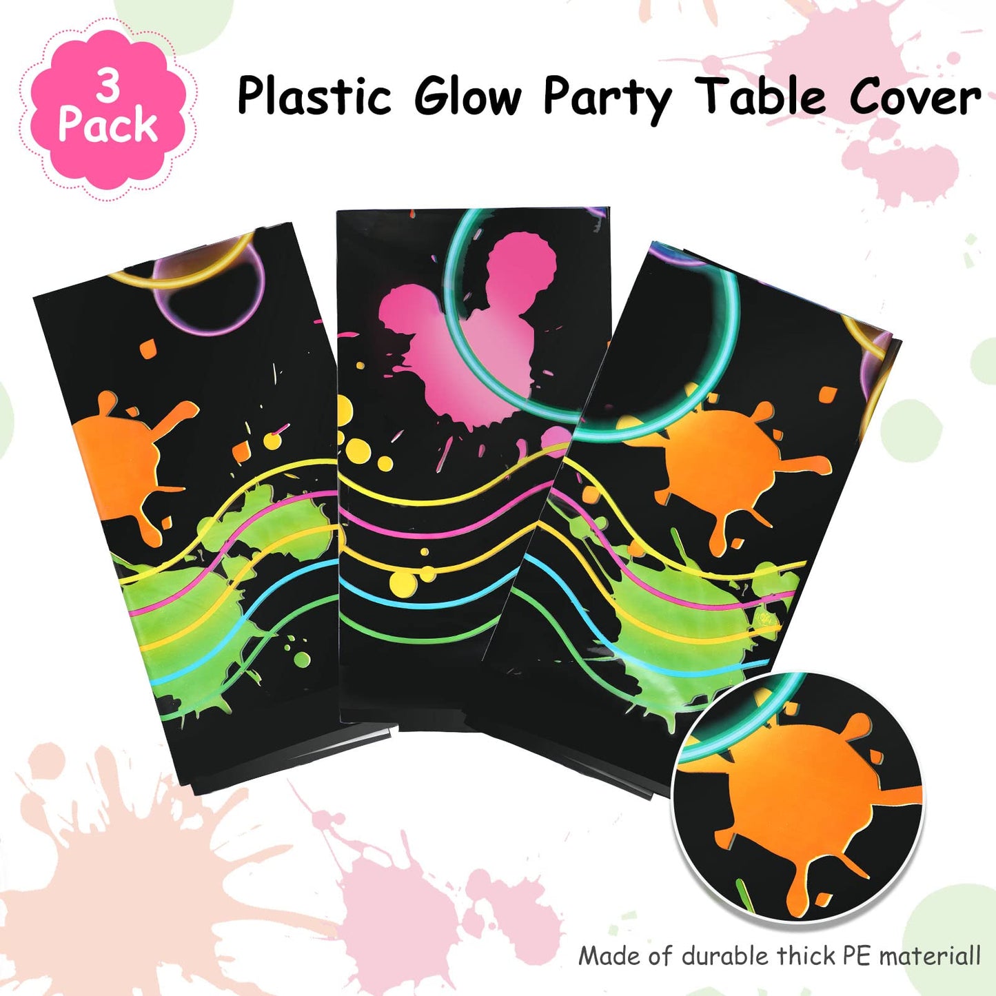 Tatuo 3 Pcs Neon Table Cloths 54 x 108 Glow in The Dark Table Cloths Plastic Neon Tablecloths Disposable Colorful Glow Party