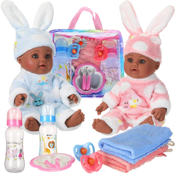 10 Pcs Realistic Twin Baby Dolls Toy Set Include 2 Pcs 12 Inch Baby Dolls  Feeding Set  Pacifiers  Doll Diapers  Bags  Milk Bottles Removable Outfit for Toddler Kids 6+ Gift(Black)