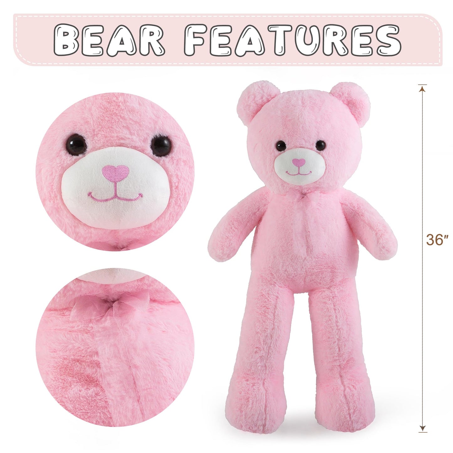 Zgxiong Big Teddy Bear 3 Feet Giant Stuffed Animal Pink Large Teddy Bear Stuffed Animals Huge Stuffed Bear Plush Toy For Girlfri