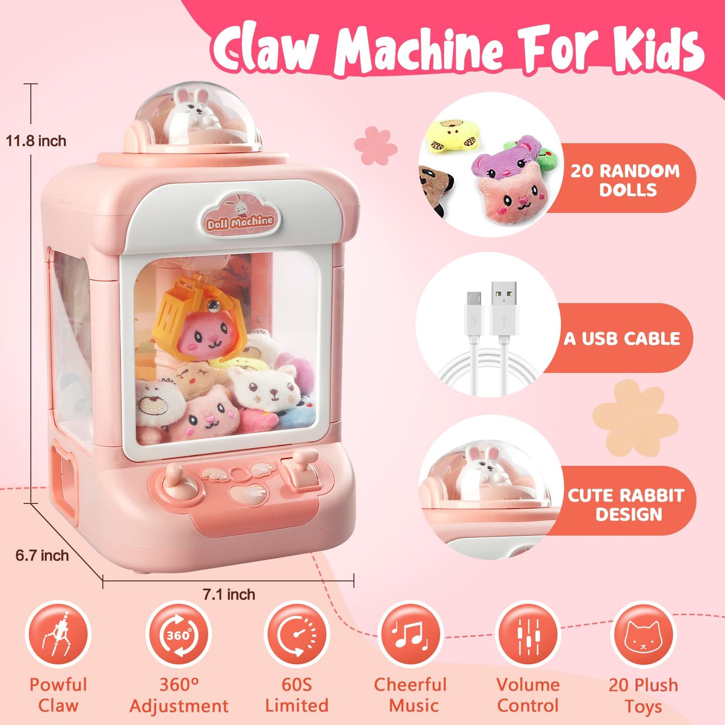 Claw Machine For Kids,Mini Vending Machines Candy Grabber Prize Dispenser Toys For Girls,Electronic Arcade Claw Game Machine For