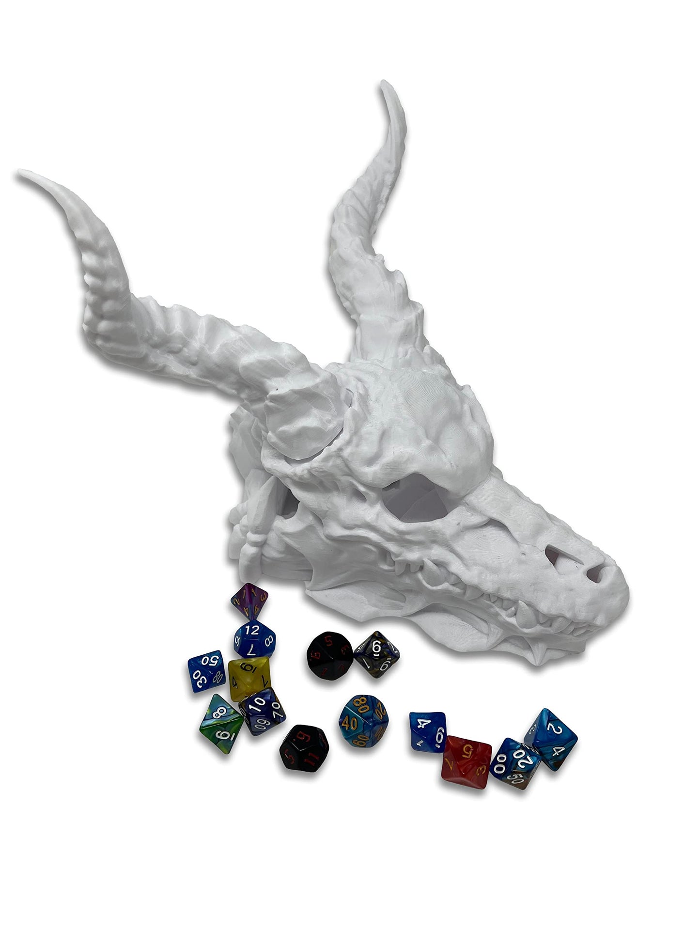 Munnygrubbers - Dragon Skull - (Random 7Pcs D20 Dice Set Included) - No Paint Odorless Plastic - Tabletop Roleplaying Game - Dice Roller - Dungeons And Dragons - Dnd - D&D - (White)