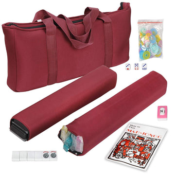 Hndtek American Mahjong Set - Red Burgundy Soft Bag - 166 White Engraved Tiles, 4 All-In-One Rack/Pushers Western Mah Jongg Game Set