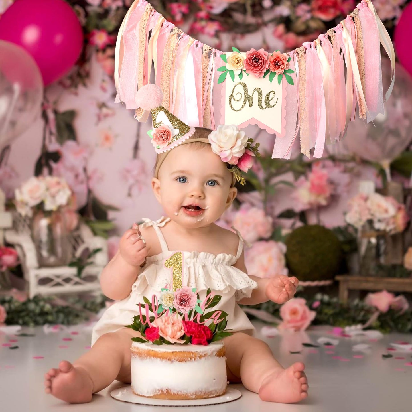 Dusty Pink 1st Birthday High Chair Floral Banner Decor Boho Floral 1st Birthday Hat Decorations Cake Topper Baby Girl Banner Bab