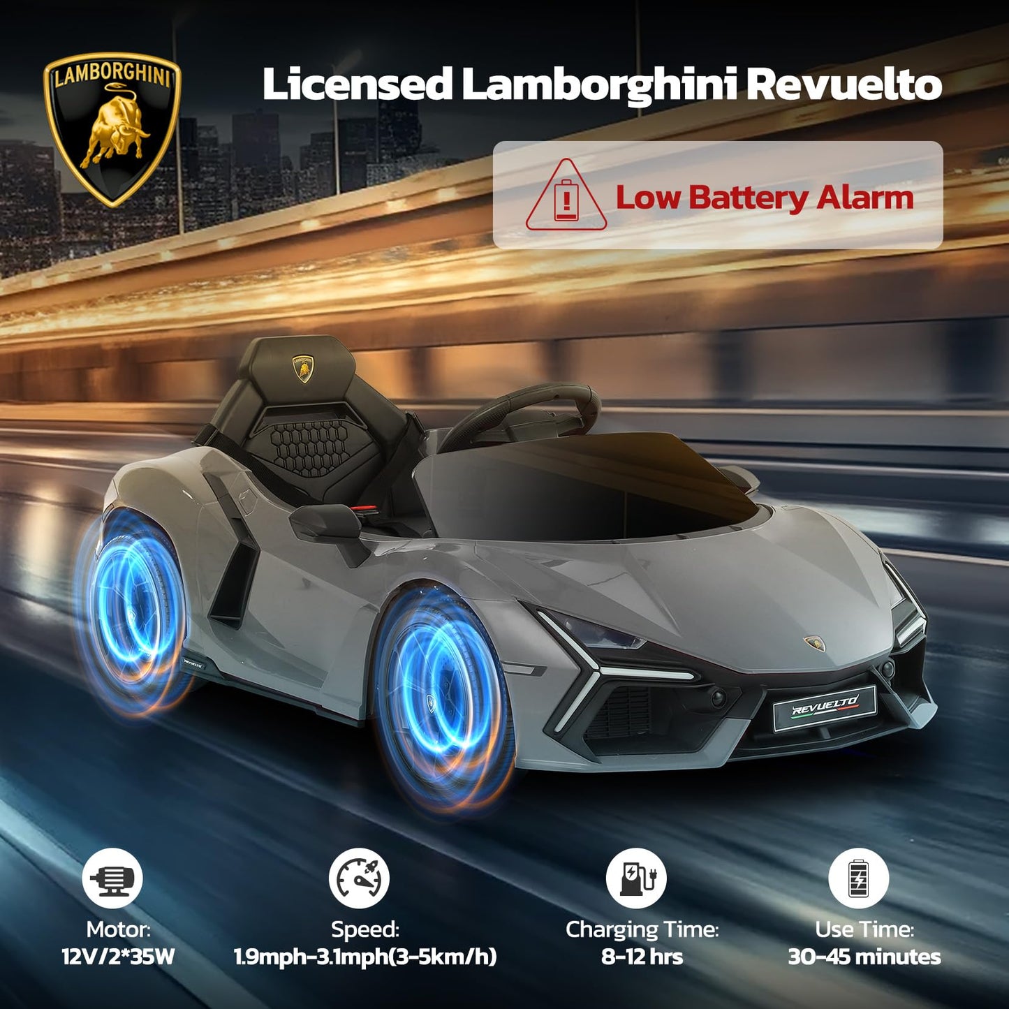 Elemara Lamborghini Car For Kids To Drive With Scissor Doors,Kids Car With Parent Remote,12V Electric Cars For Toddlers With Bluetooth,Led Light,Mp3 Player And Wide Seat(Silver Gary)