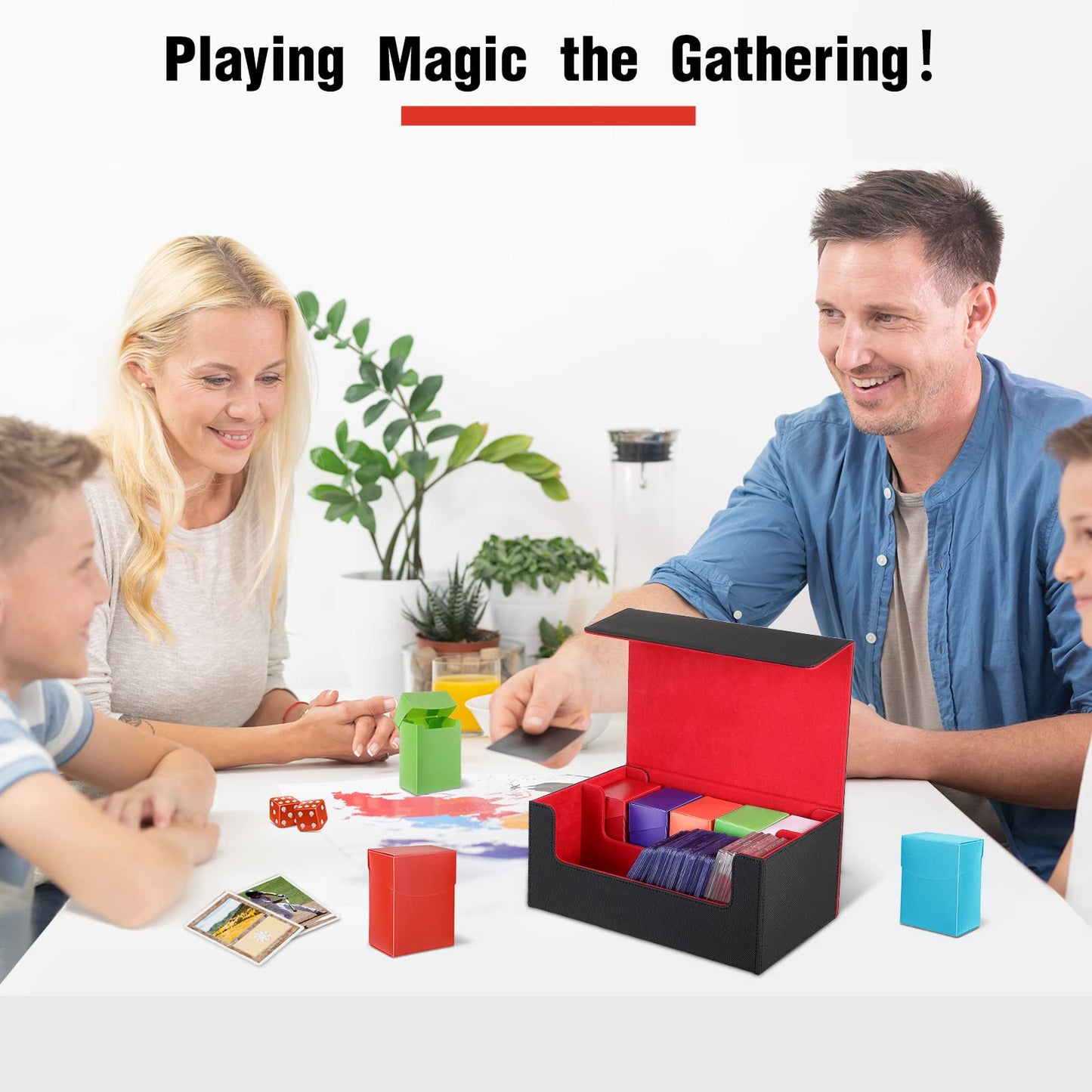 Yexiya 7 Pcs Deck Card Boxes, 1 Leather Deck Storage Box With 6 Plastic Deck Card Cases Playing Cards Box(Black, Red)