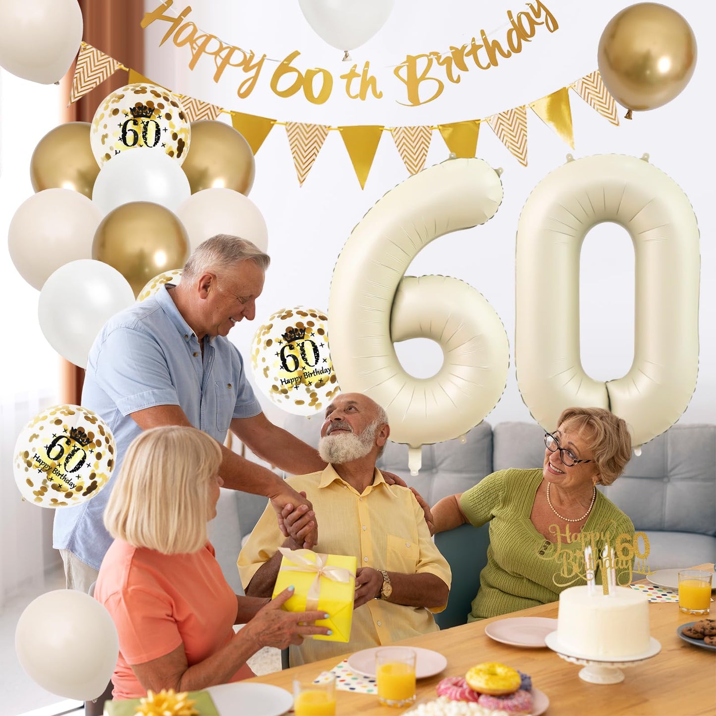 60Th Birthday Decorations Sand White Gold,60Th Birthday Balloons Beige Gold,Happy 60Th Birthday Banner With Cake Toppers Number