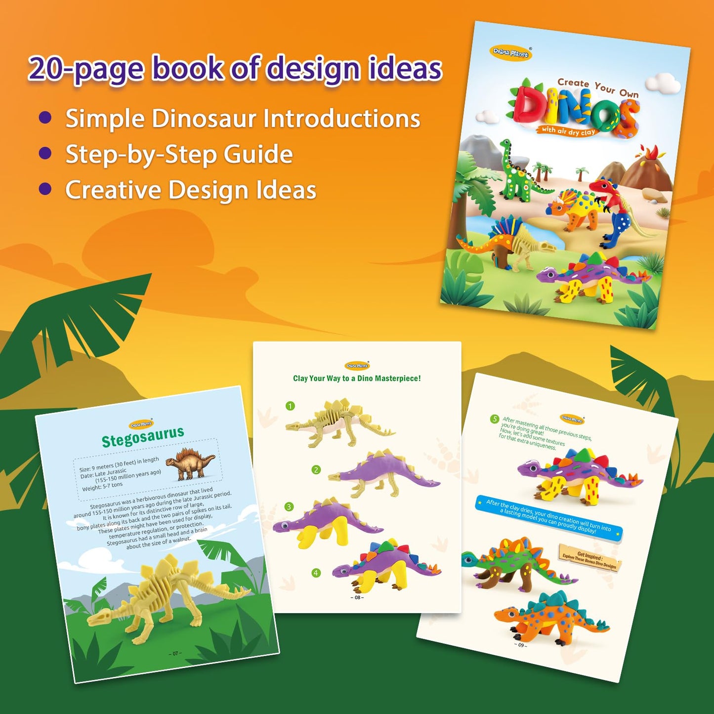 Drama Planet Dinosaur Air Dry Clay Kit - Create 5 Dinosaur Models with 12 Colors of Modeling Clay, Instruction Guide - Fun & Edu
