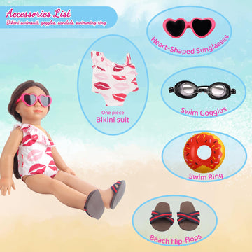Msyo 18 Inch Doll Swim Accessories Set, Passionate Doll Beach Sunbathing Playset For American Doll Girls, Includes Doll Bikini Swimsuits, Heart-Shaped Sunglasses, Goggles, Sandals And Swimming Ring