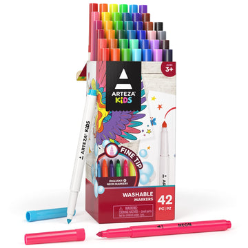 ARTEZA Kids Fine Tip Washable Markers, 42 Bright Colors, 36 Washable Marker Pens and 6 Non-Washable Neon Pens, School Supplies f