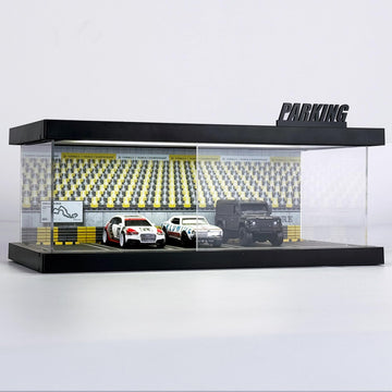 Hot Cars Wheels Display Case - 1/64 Scale Die-cast Model Car Display Case with LED Light and Acrylic Cover  Hot Diecast Wheels Parking Garage Dioramas with 9 Parking Spaces (Grandstand)