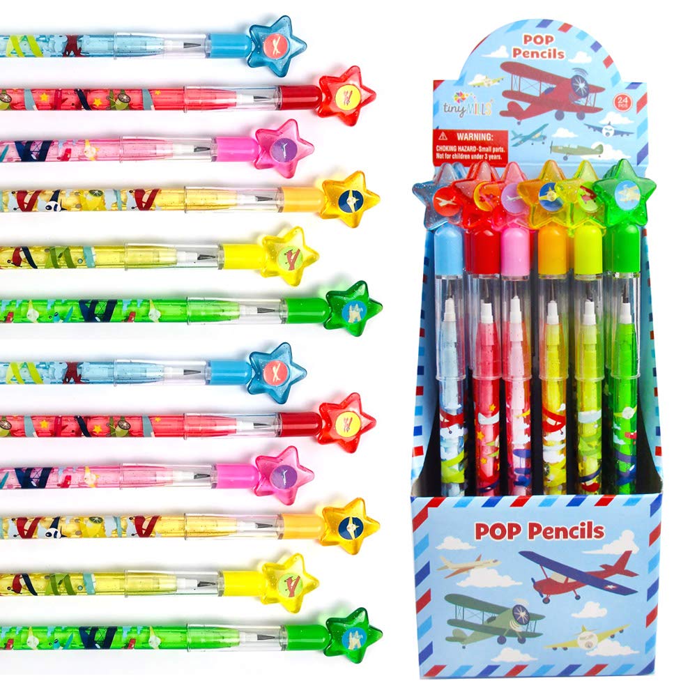 TINYMILLS 24 Pcs Airplane Multi Point Stackable Pencil with Eraser for Airplane Airshow Birthday Party Favor Prize Carnival Good