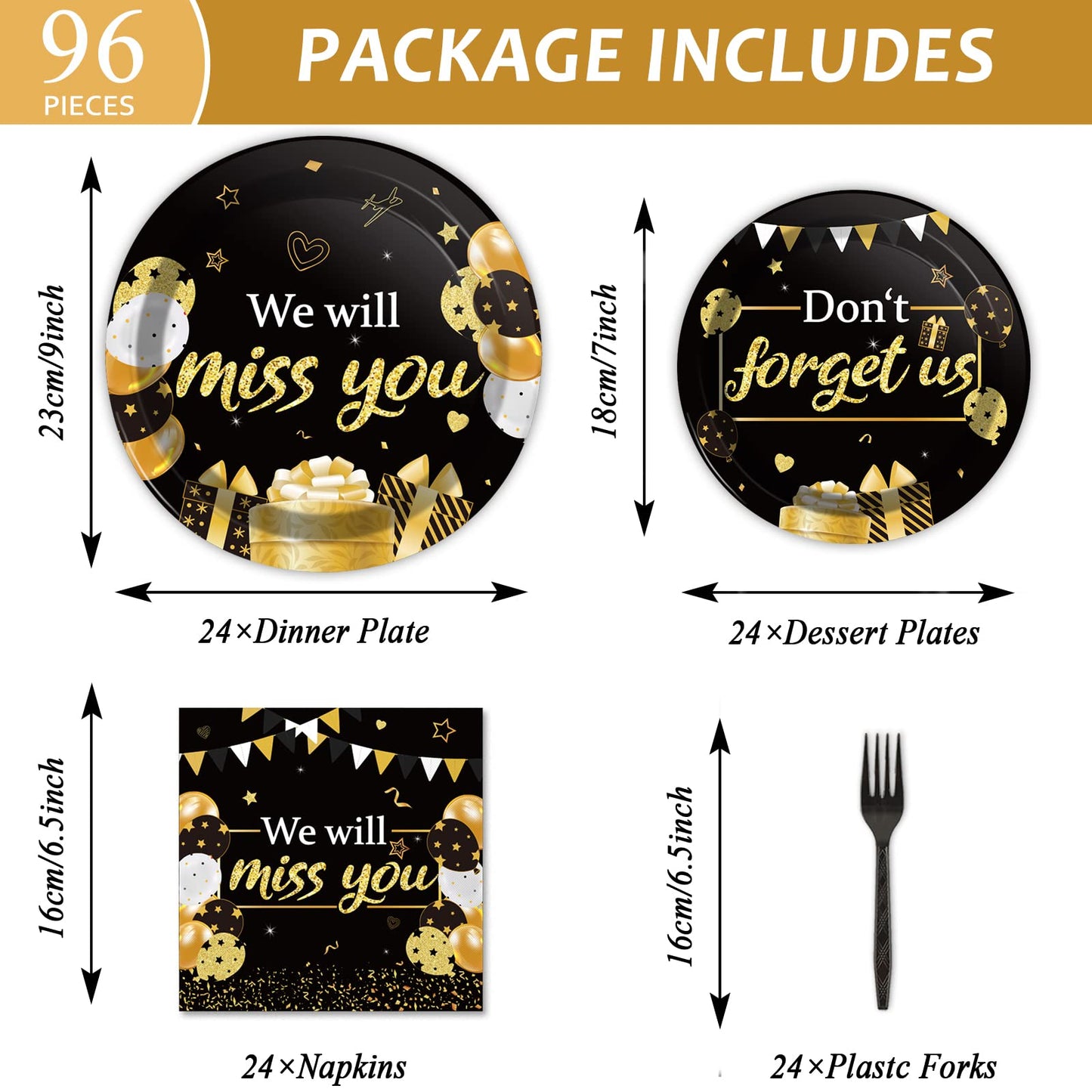 96pcs We Will Miss You Party Paper Plate and Napkin Farewell Party Decoration Going Away Party Disposable Tableware Set Gold and