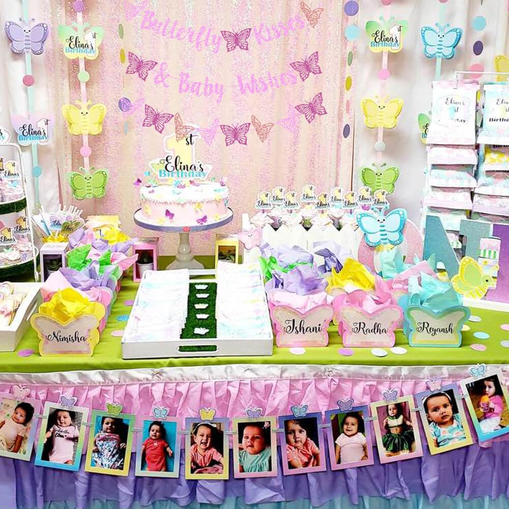 Kisses & Wishes Pink Glitter Butterfly Welcome Baby Girl Banner for Gender Reveal, 1st Birthday, Baby Shower Party Supplies