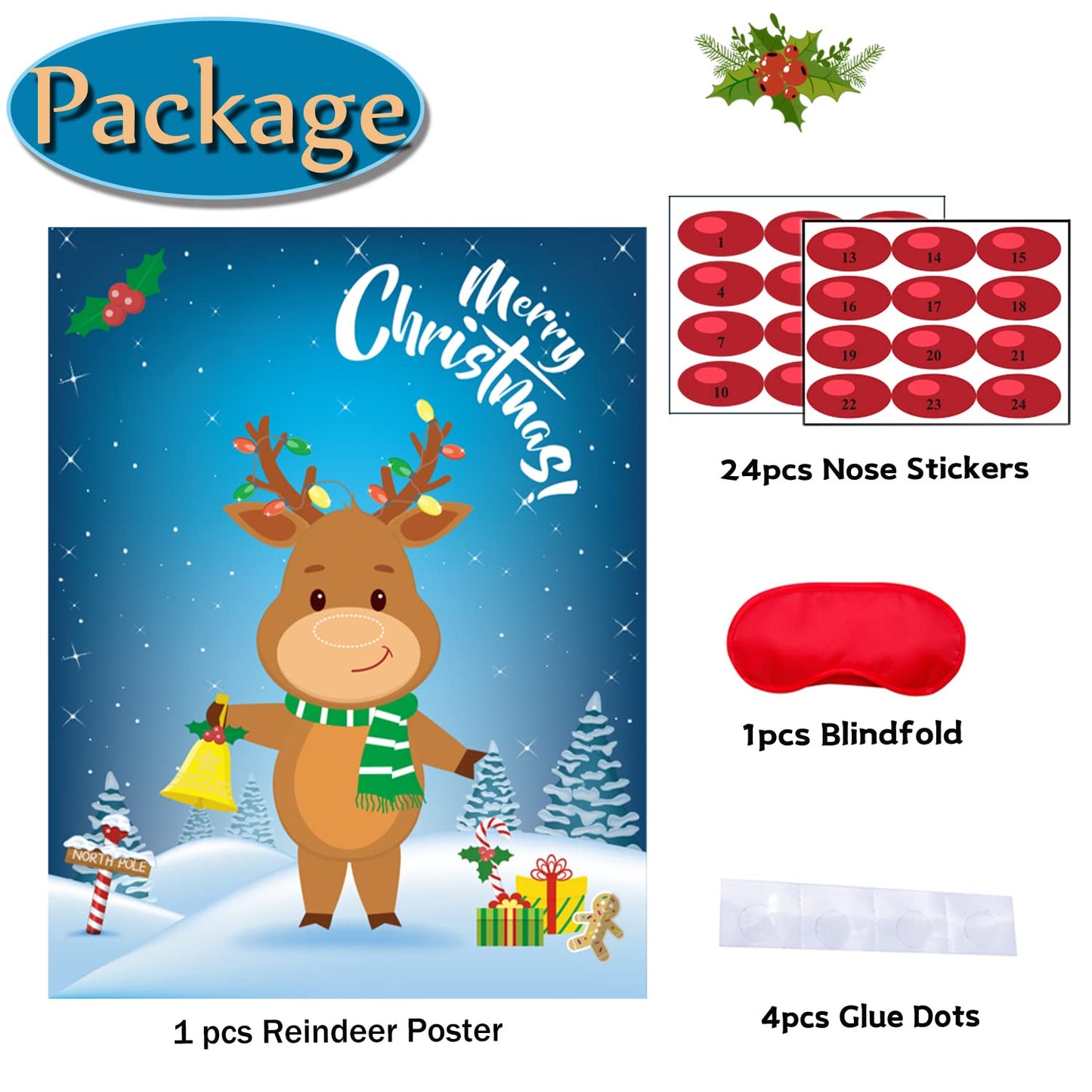 Funnlot Christmas Games for Kids - Pin The Nose on The Reindeer, 24 Reusable Noses Stickers & Blindfold, Holiday Party Fun for All Ages