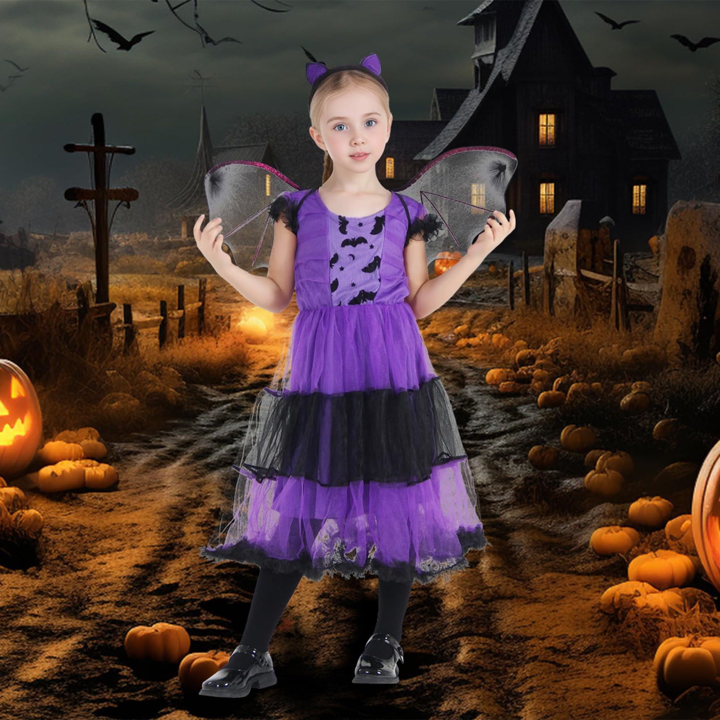 Eozy Girls Bat Vampire Costume Kids Halloween Clothes Animal Cosplay Purple Dress (10-12 Years)