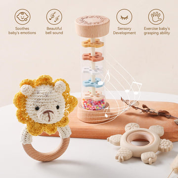 Youuys Wooden Baby Rattle Set (3pcs) - Crochet Rattle Rain Stick Teething Toys, Wooden Montessori Toy for Newborn Infant Baby Ra