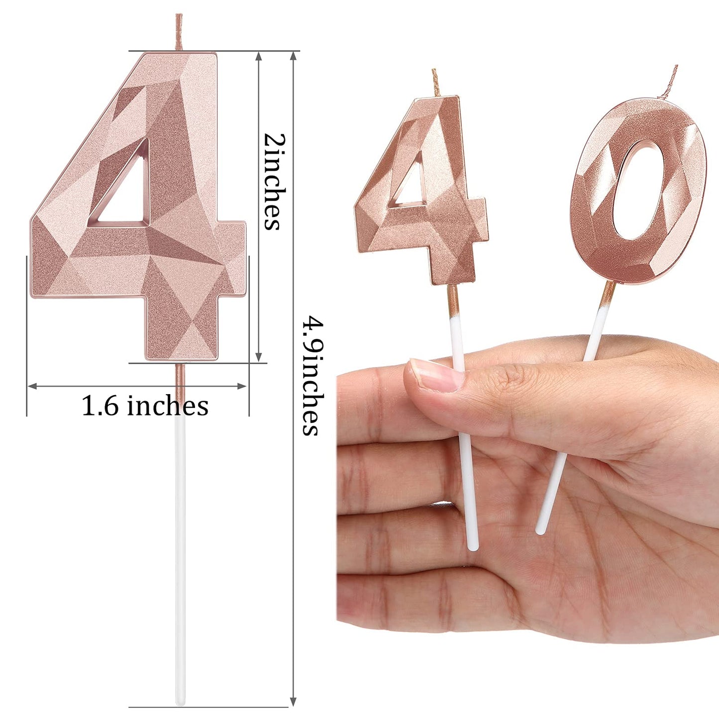 40th Birthday Candles, Number 40 Candles Happy Birthday Cake Topper 3D Diamond Shape Numeral Sparkler Candles for Men Women Birt