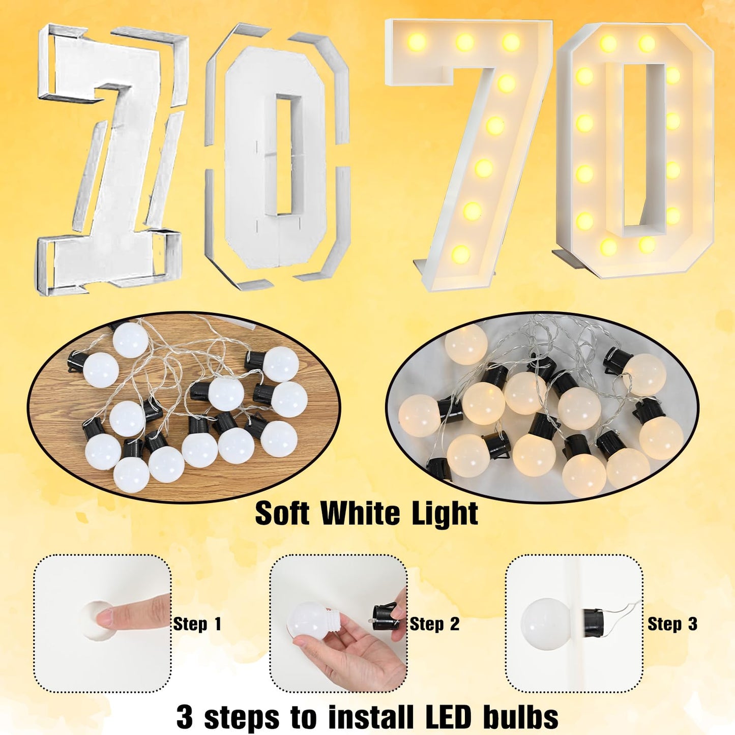 4Ft Light Up Numbers 70 Mosaic Numbers Marquee Frame With Slots For 70Th Birthday Party Large Cardboard With Light Bulbs Pre-Cut Kit Giant Cut-Out Thick Foam Board Sign Diy Decorations Anniversary