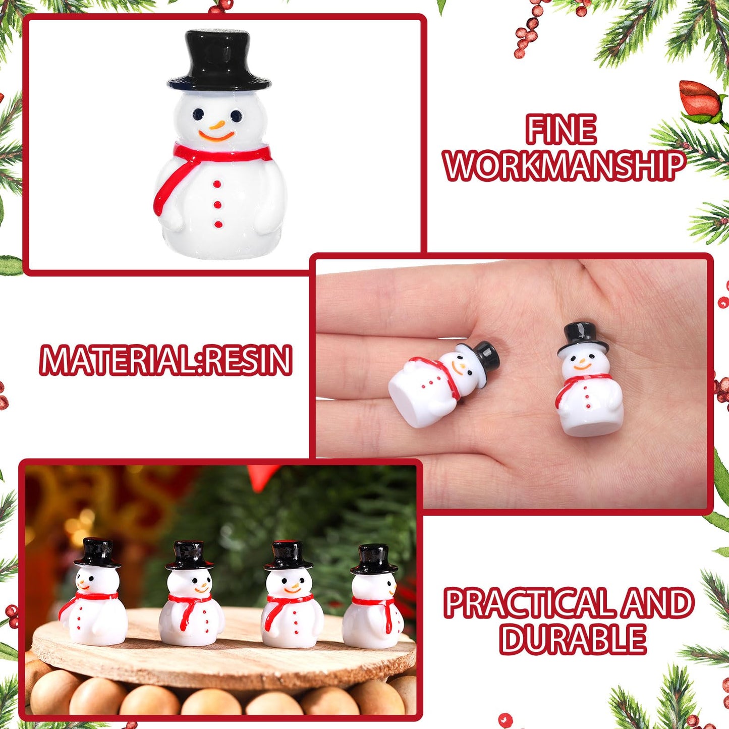 Liliful 50 Pcs Mini Snowman Figurines Christmas Tiny Resin Snowman Decoration With Hat Xmas Micro Landscape Ornament Garden Acce