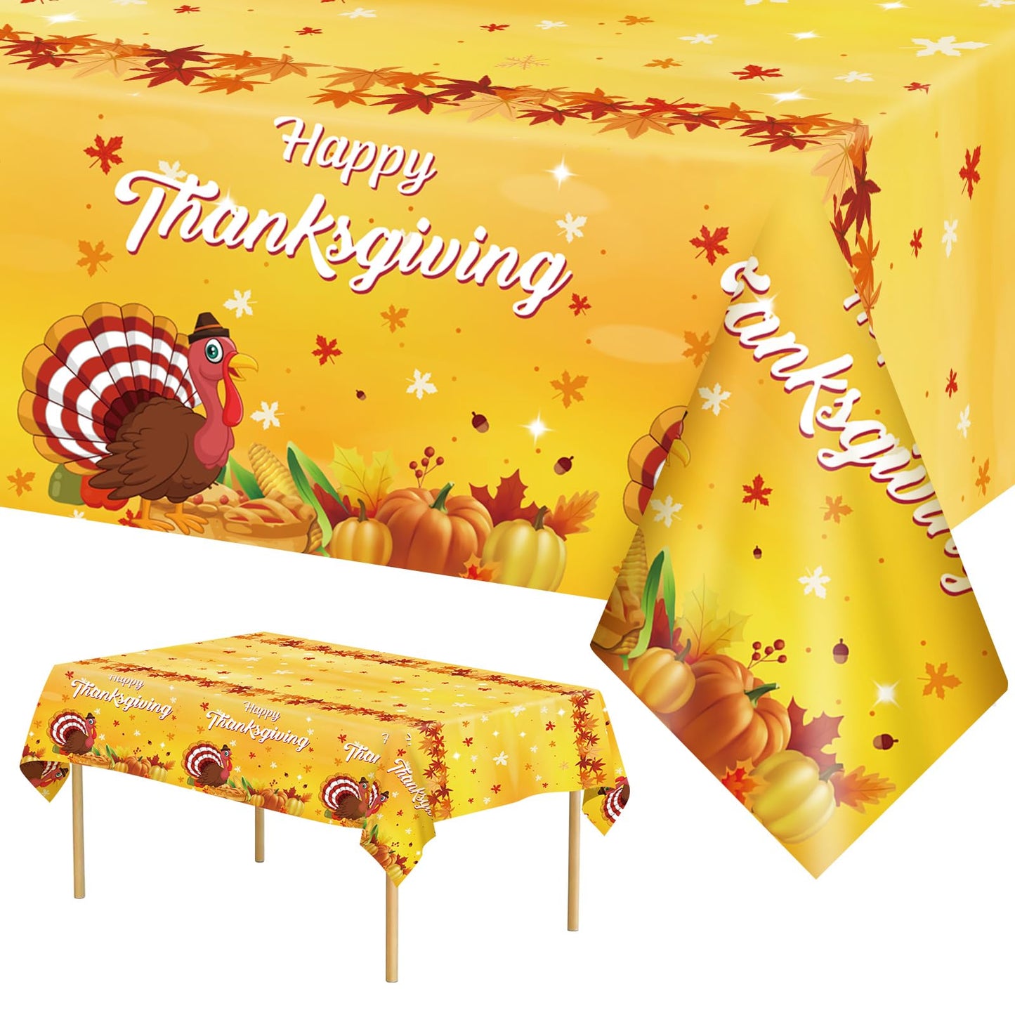 2 Pcs Happy Thanksgiving Tablecloth Disposable - Fall Turkey Tablecloths, Rectangle Pumpkin Maple Leaf Plastic Table Cover for T