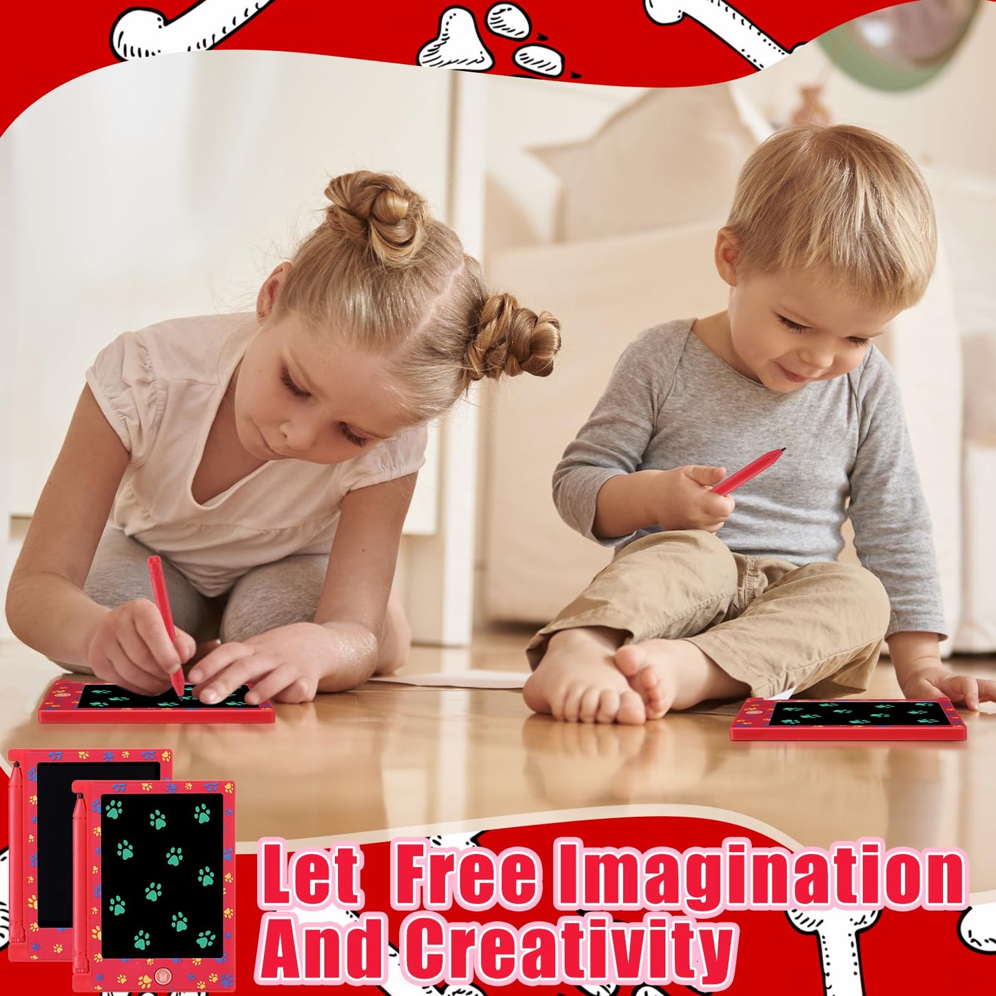 Nezyo 12 Pack Dog Paw Party Favors, 4.6 Red Pattern Kids LCD Writing Tablet Mini Drawing Tablet, Dog Paw Birthday Party Suppli
