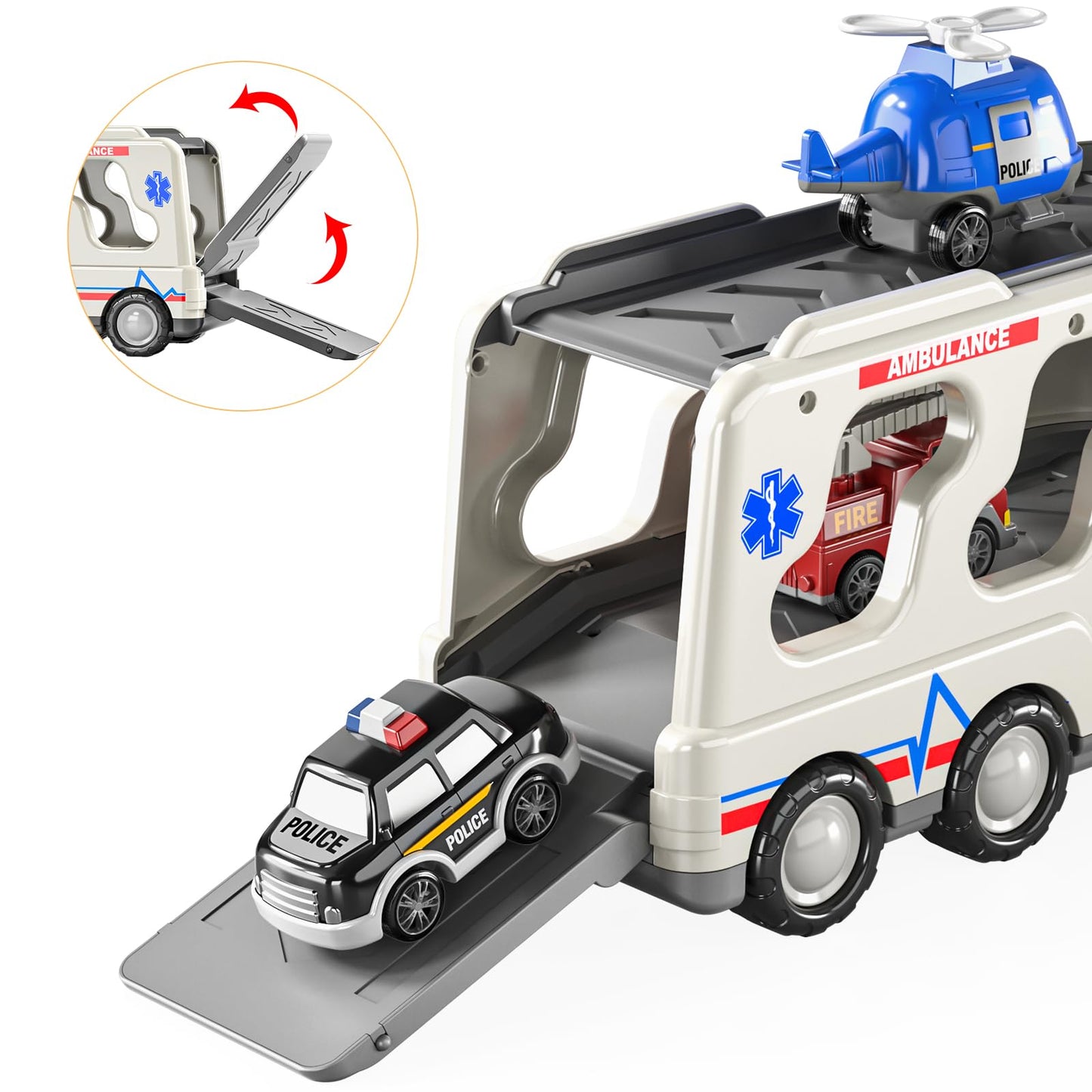 Temi 5 Pack Ambulance Vehicle Toddler Truck Toys For 3 4 5 6 Year Old Boys, Friction Powered Cars With Toy Helicopter, Police Car, Fire Truck, Ambulance Car, Birthday Gifts For Girls Age 3-9