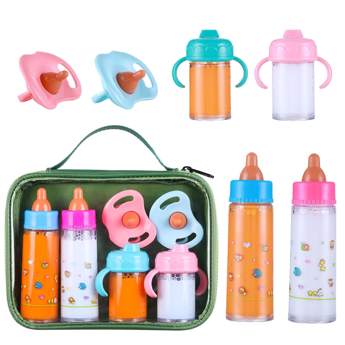 Pretendor Magic Disappearing Milk And Juice Bottle With Pacifier,6 Pieces Pretend Play Feeding Toy Set With Package, Baby Doll A
