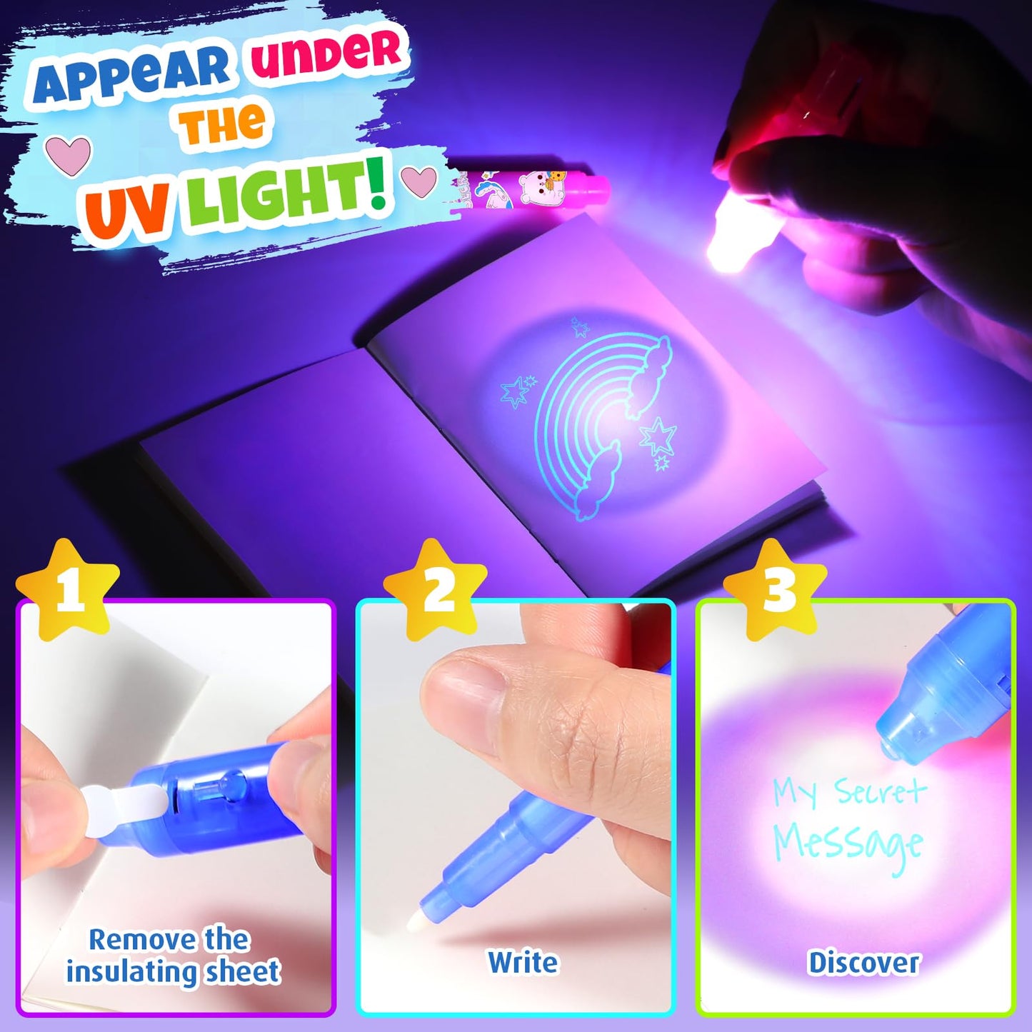 GIFTINBOX Invisible Ink Pen with UV Light for Kids, 24PCS Spy Pen Party Favors for Kids 8-12, Magic Marker for Secret Message, S