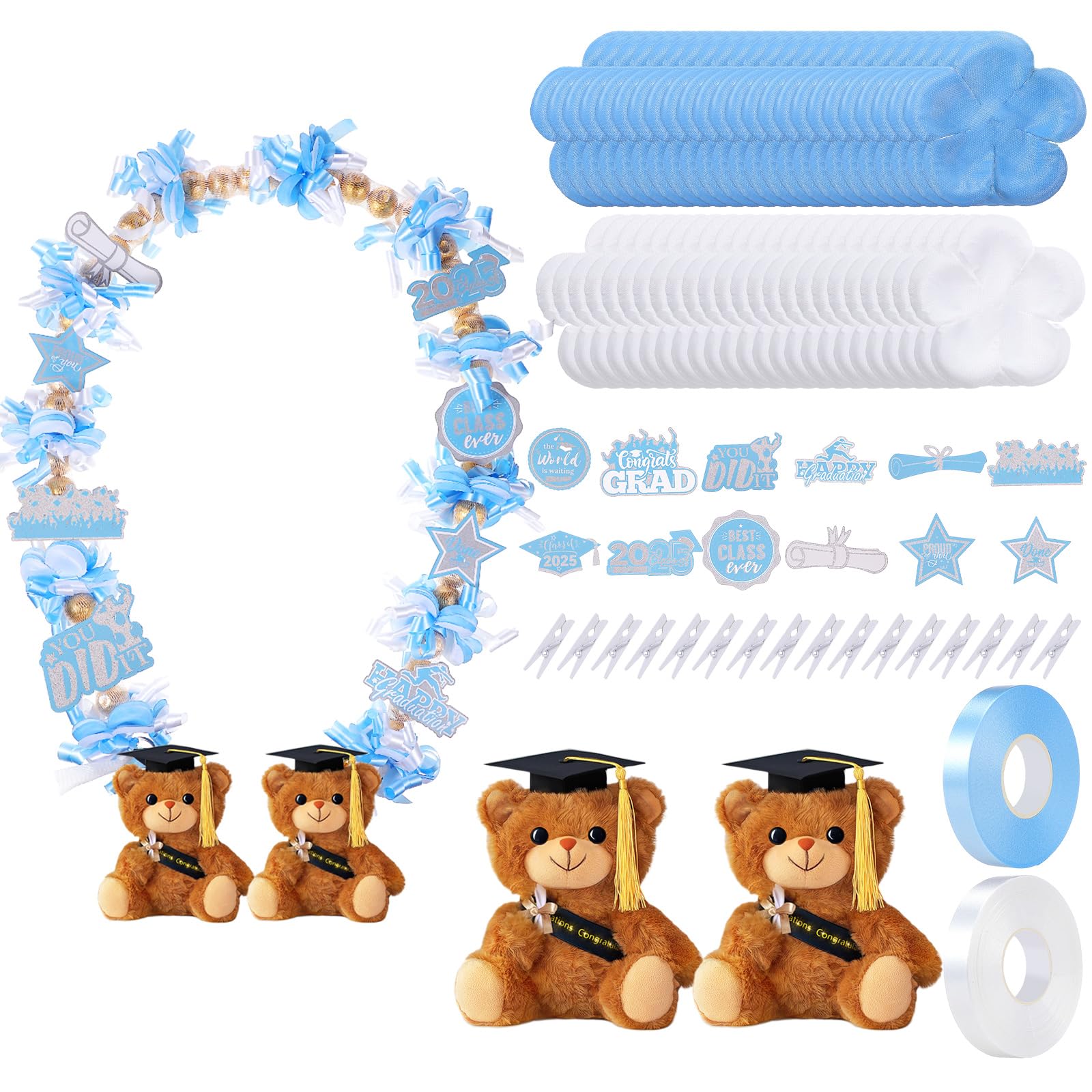 RoundFunny 82 Pcs 2025 Graduation Candy Leis Making Kit DIY Netting Tubing Stuffed Plush Bear Ribbon Grad Glitter Card Candy Lei