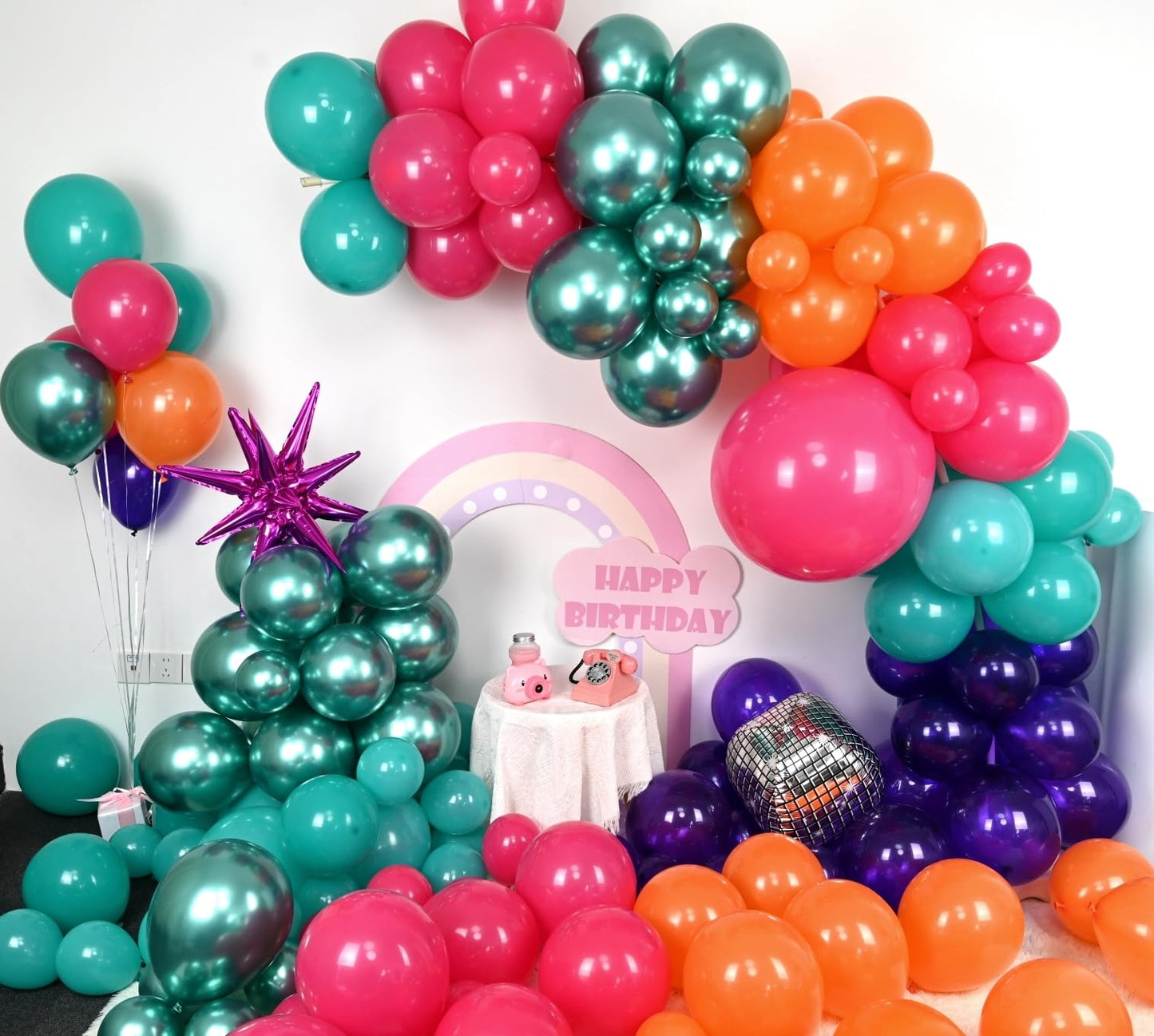 Disco Balloon Arch, 125 Pcs 80S Balloon Arch Kit Mit Hot Pink And Purple Teal Orange Metallic Green Balloons, 22 Inch Disco Ball