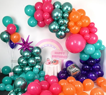 Disco Balloon Arch, 125 Pcs 80S Balloon Arch Kit Mit Hot Pink And Purple Teal Orange Metallic Green Balloons, 22 Inch Disco Ball