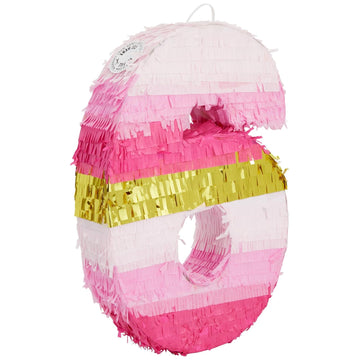 Blue Panda Number 6 Pinata Pink And Gold Foil For Girls - 6Th Birthday Party Decoration - Small Pinata - Pink Six-Shaped Candy Holder (16.5 X 11 Inches)