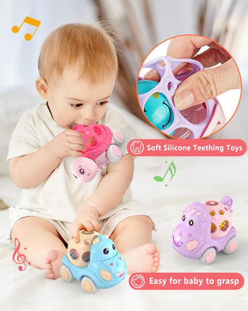 Zmzs Baby Girl Toy Cars For Babies, Push Cars For Toddlers Girls, Friction Powered Rattle And Roll Cars, Soft Rubber Rattle Toy Vehilces For Infant Boys Birthday