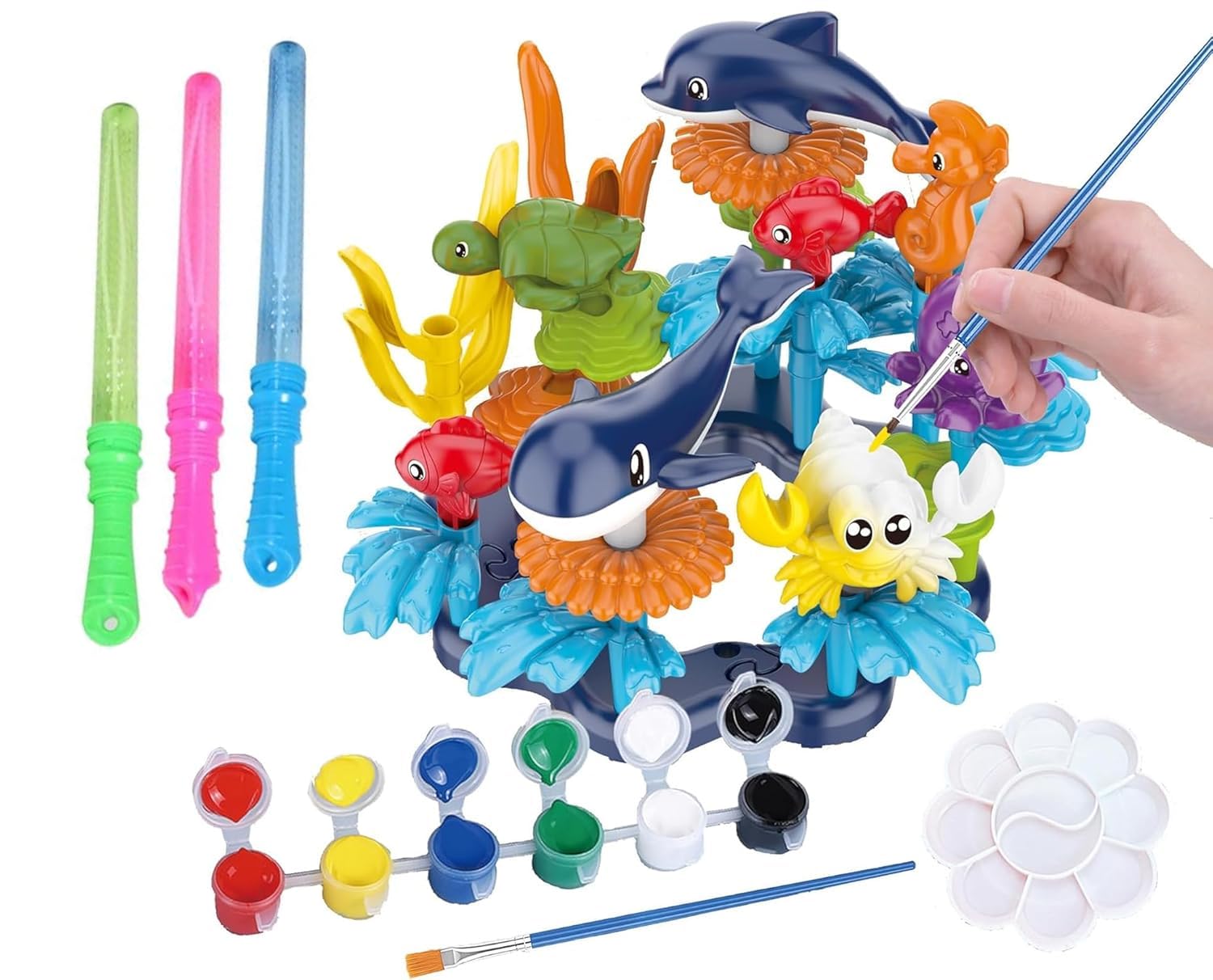 KC Republic Ocean Reef Sea Creatures 37pcs Water Washable Painting & Building Toy Set, Childrens Activity Art Kit, Paint Your O